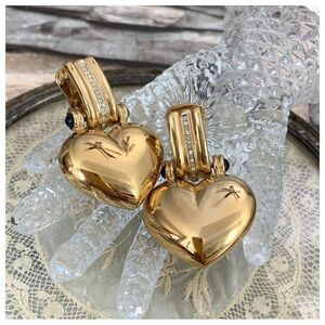 Vintage Signed Pierre Lang PL Sapphire Cabochons Rhinestones Gold Clip Earrings